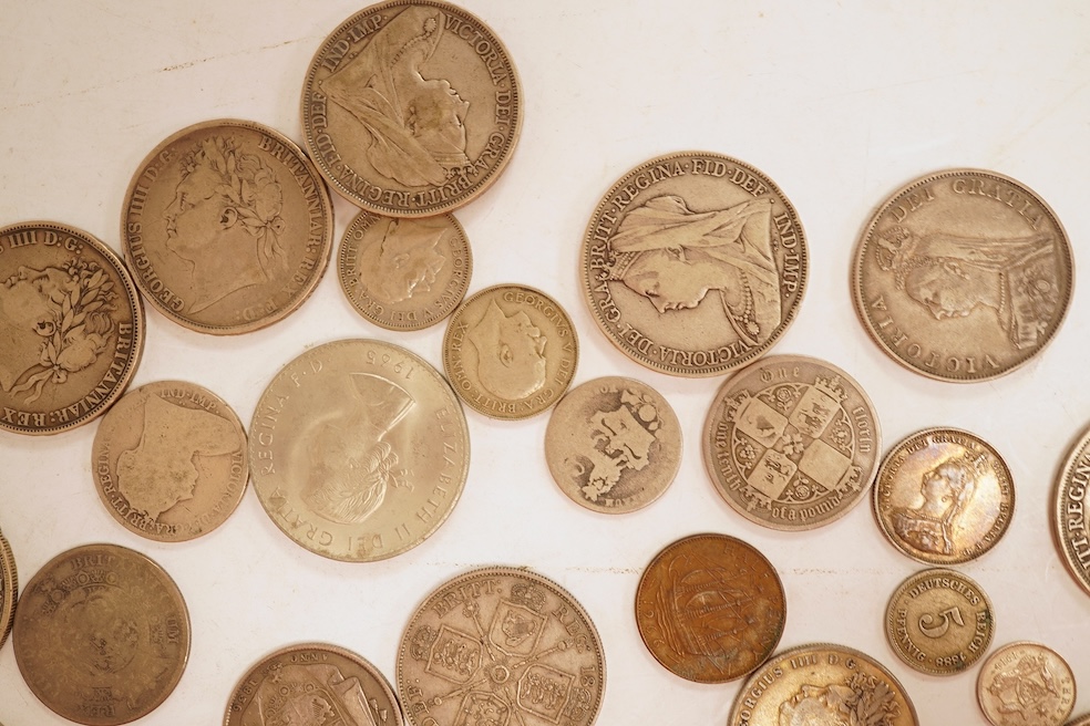 British coins, including silver crowns, George III, Victoria, George V, Victoria double florins, etc.